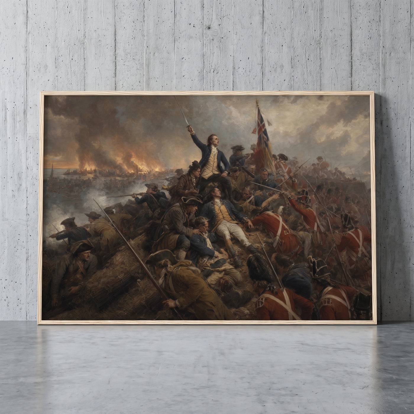 The Battle of Bunker Hill framed print leaning against a wall