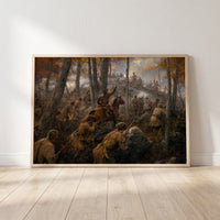 The Battle of Kings Mountain framed print leaning against a wall