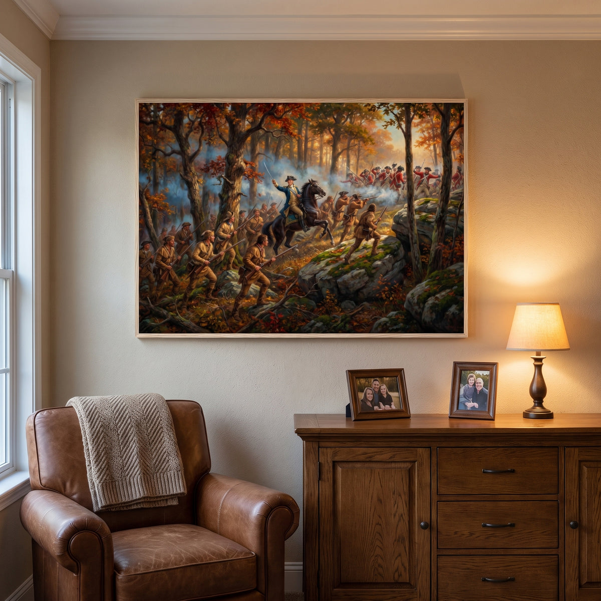 The Battle of Kings Mountain framed print hanging in a home interior