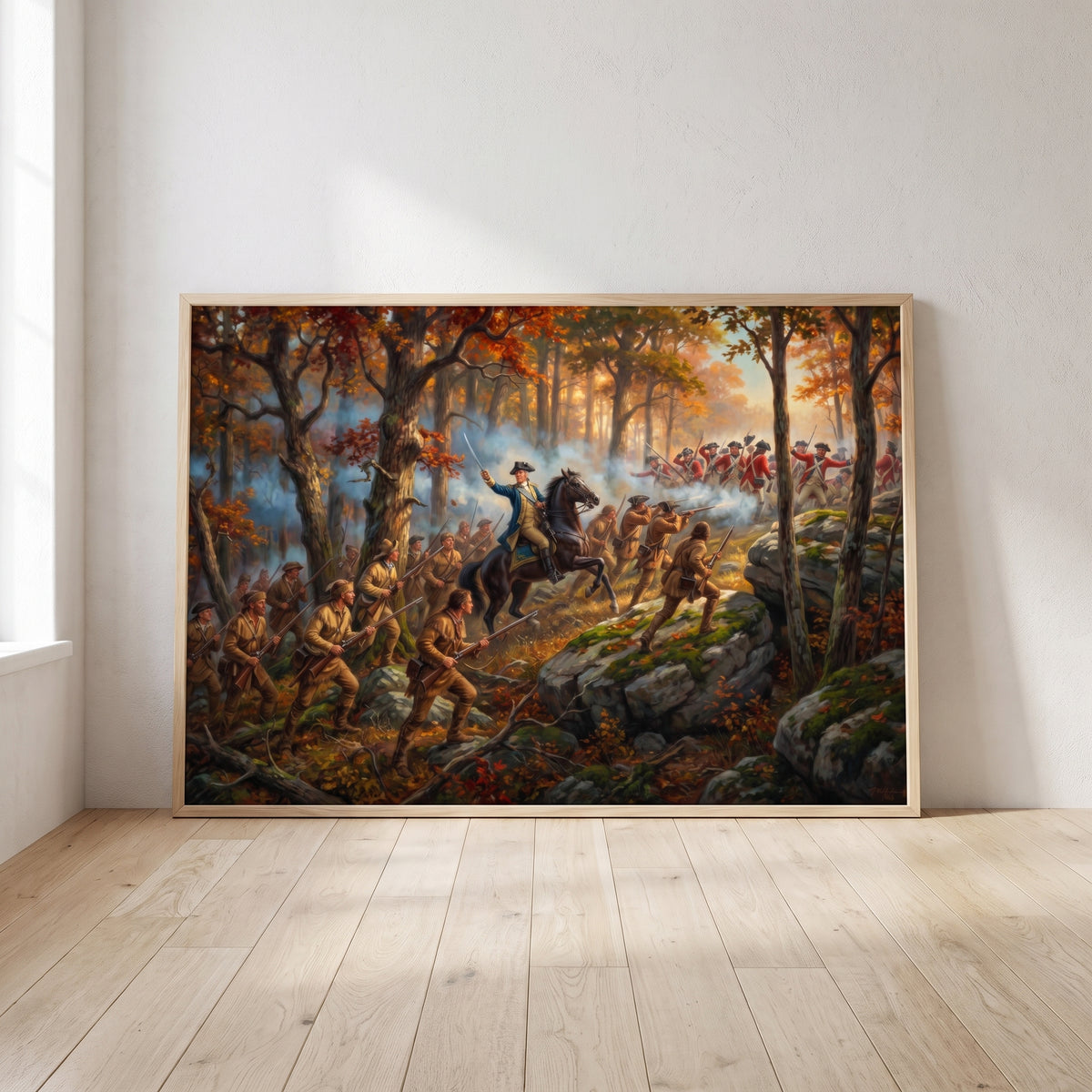 The Battle of Kings Mountain framed print leaning against a wall