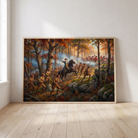 The Battle of Kings Mountain framed print leaning against a wall