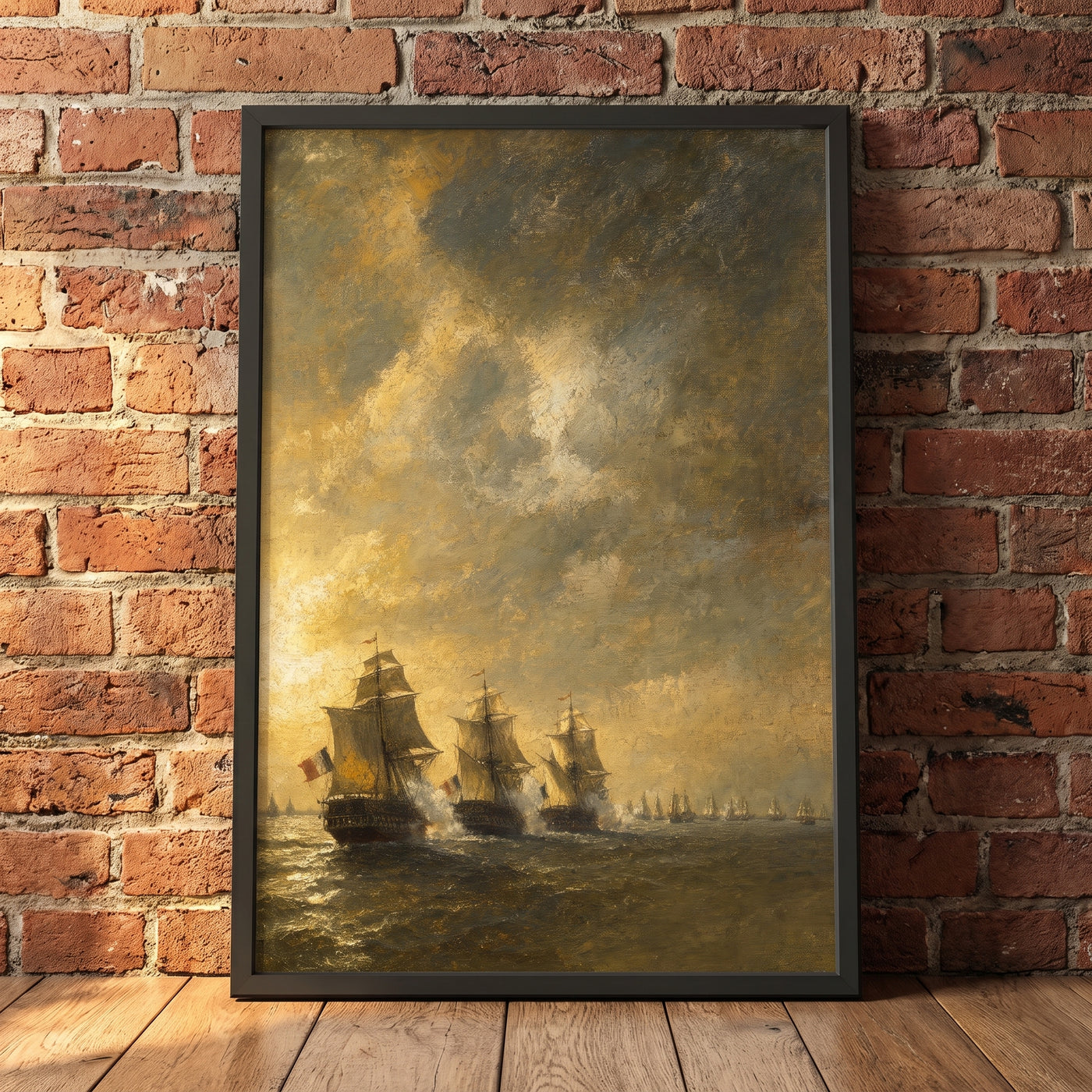 The Battle of the Virginia Capes framed print leaning against a wall