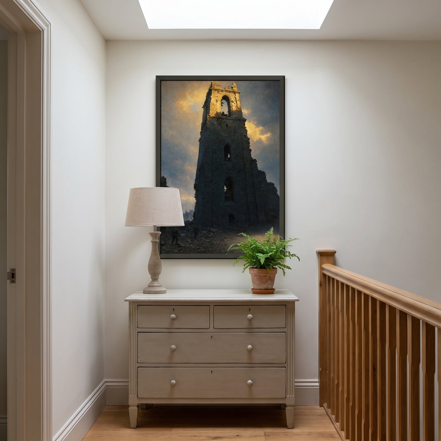 The Bell Tower, Normandy framed print hanging in a home interior