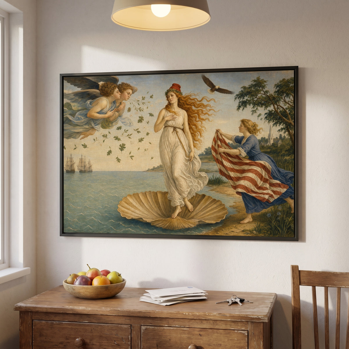 The Birth of Columbia framed print hanging in a home interior