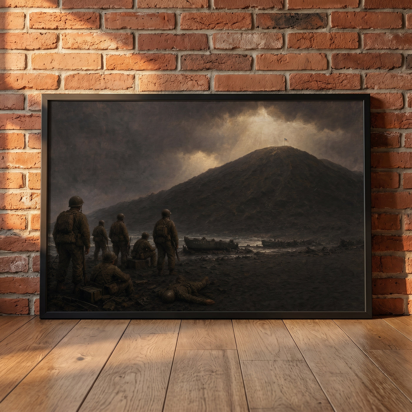 The Black Sand, Iwo Jima framed print leaning against a wall