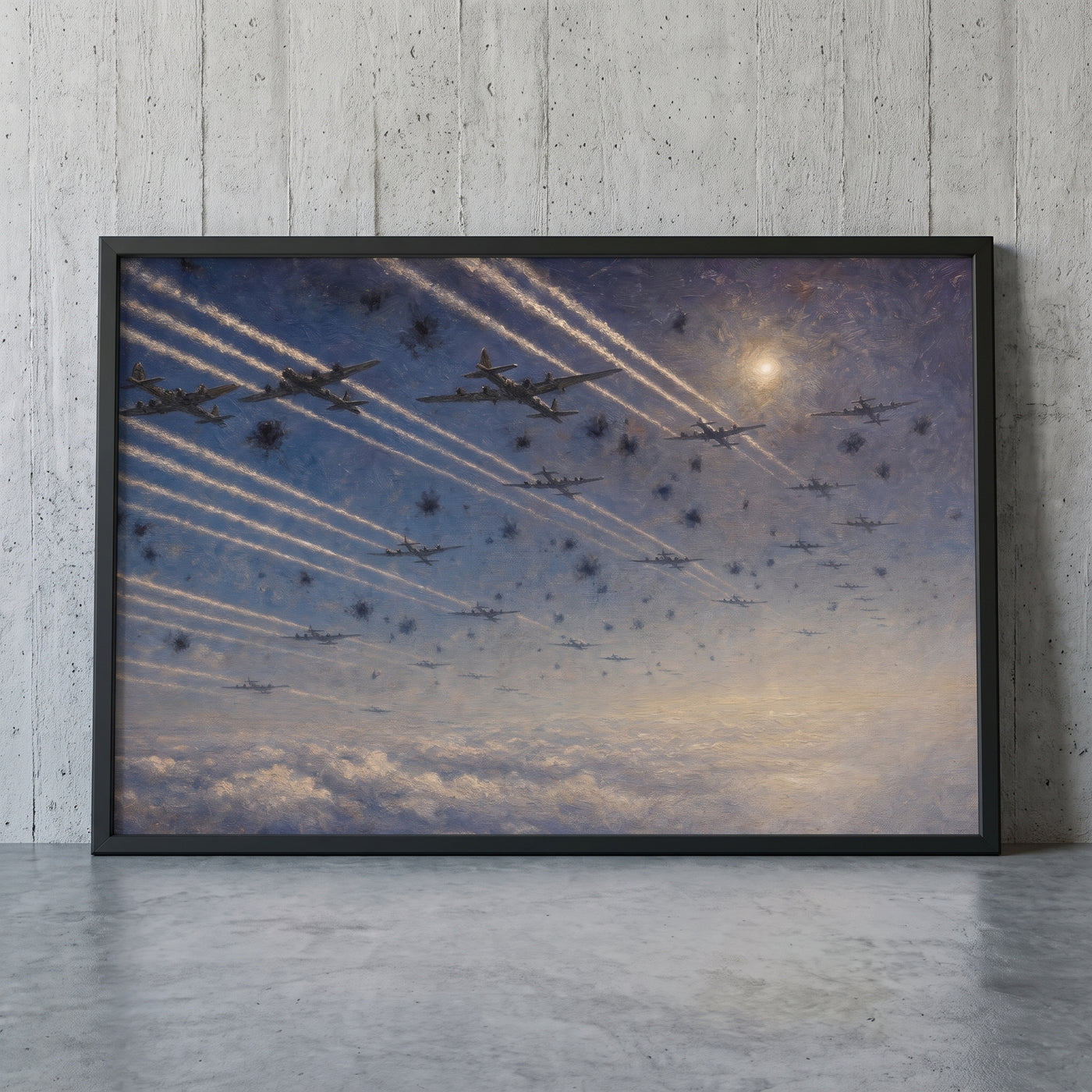 The Bomber Stream framed print leaning against a wall