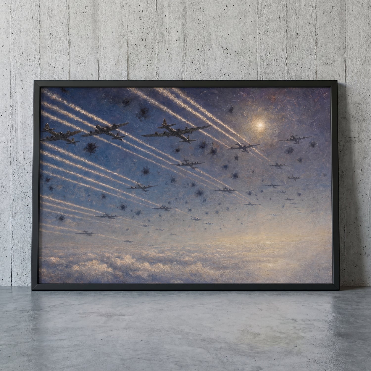 The Bomber Stream framed print leaning against a wall