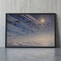 The Bomber Stream framed print leaning against a wall