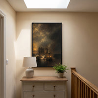 The Bonhomme Richard and the Serapis framed print hanging in a home interior