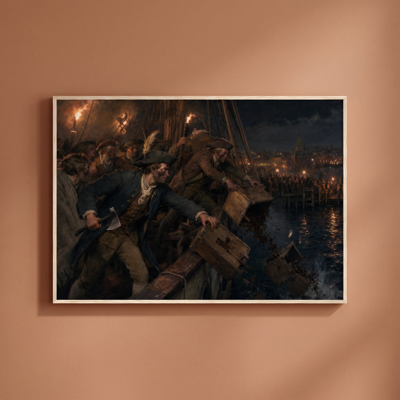 The Boston Tea Party framed print on a plain wall