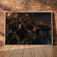 The Boston Tea Party framed print leaning against a wall