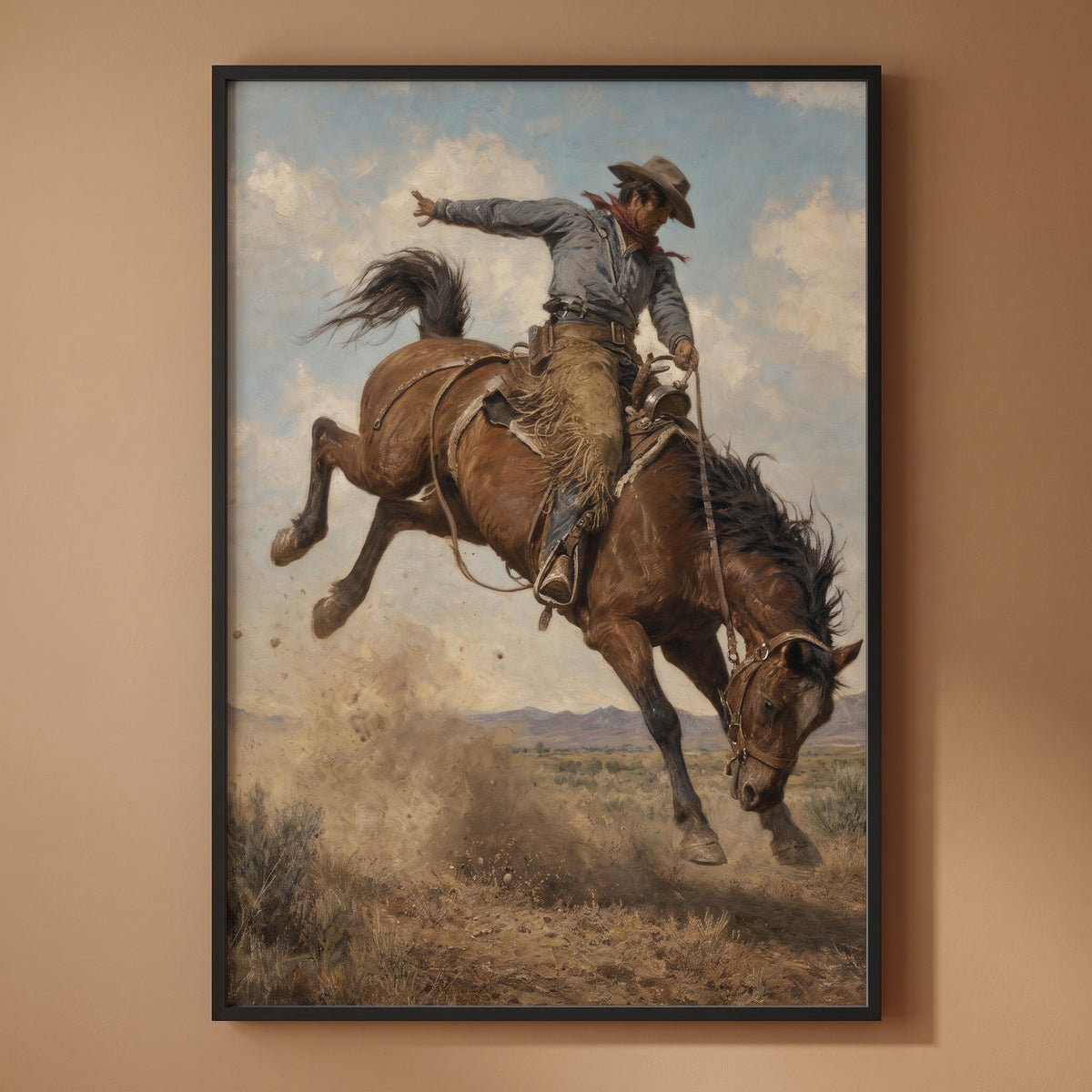 The Bronco Buster framed print on a plain wall