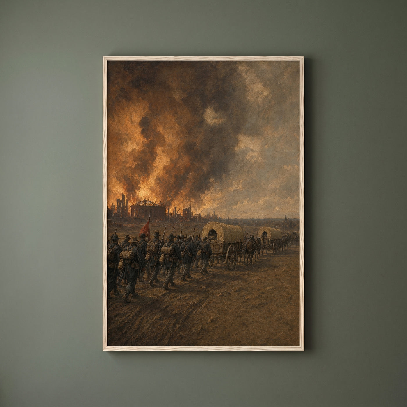 The Burning of Atlanta framed print on a plain wall