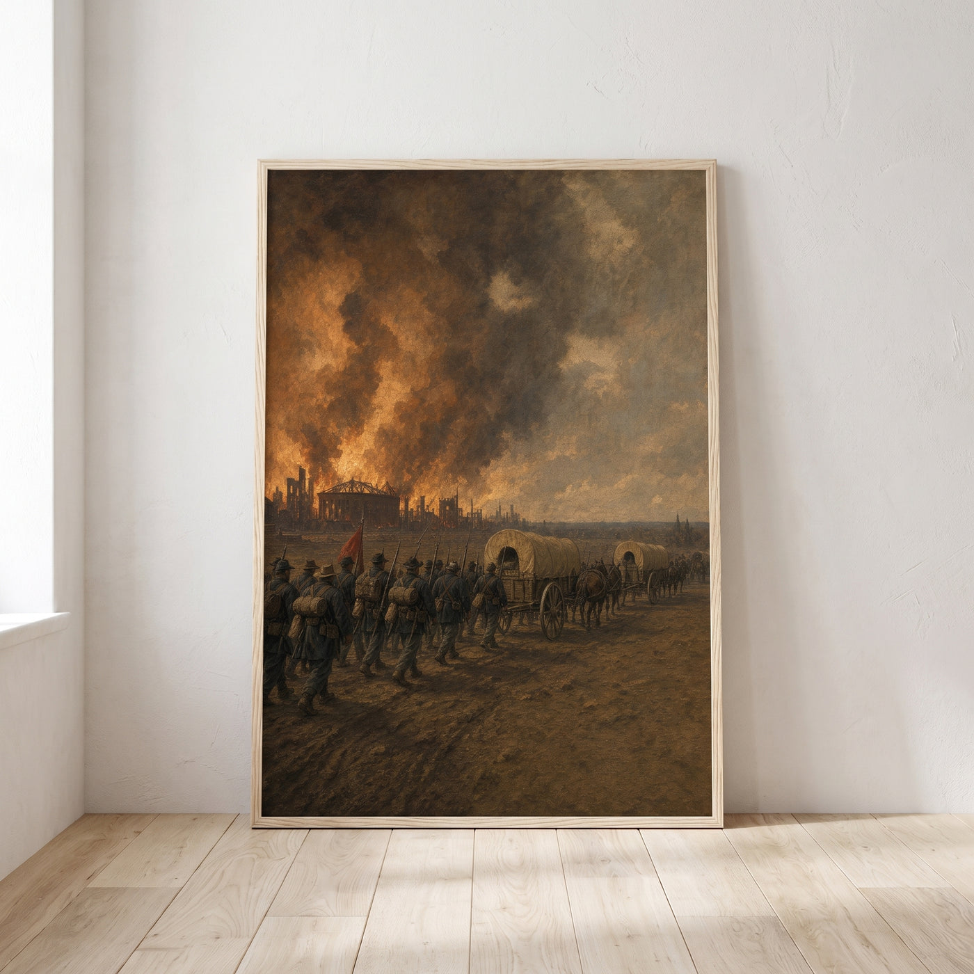 The Burning of Atlanta framed print leaning against a wall