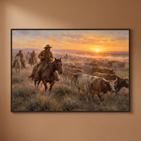 The Cattle Drive — Sunset framed print on a plain wall