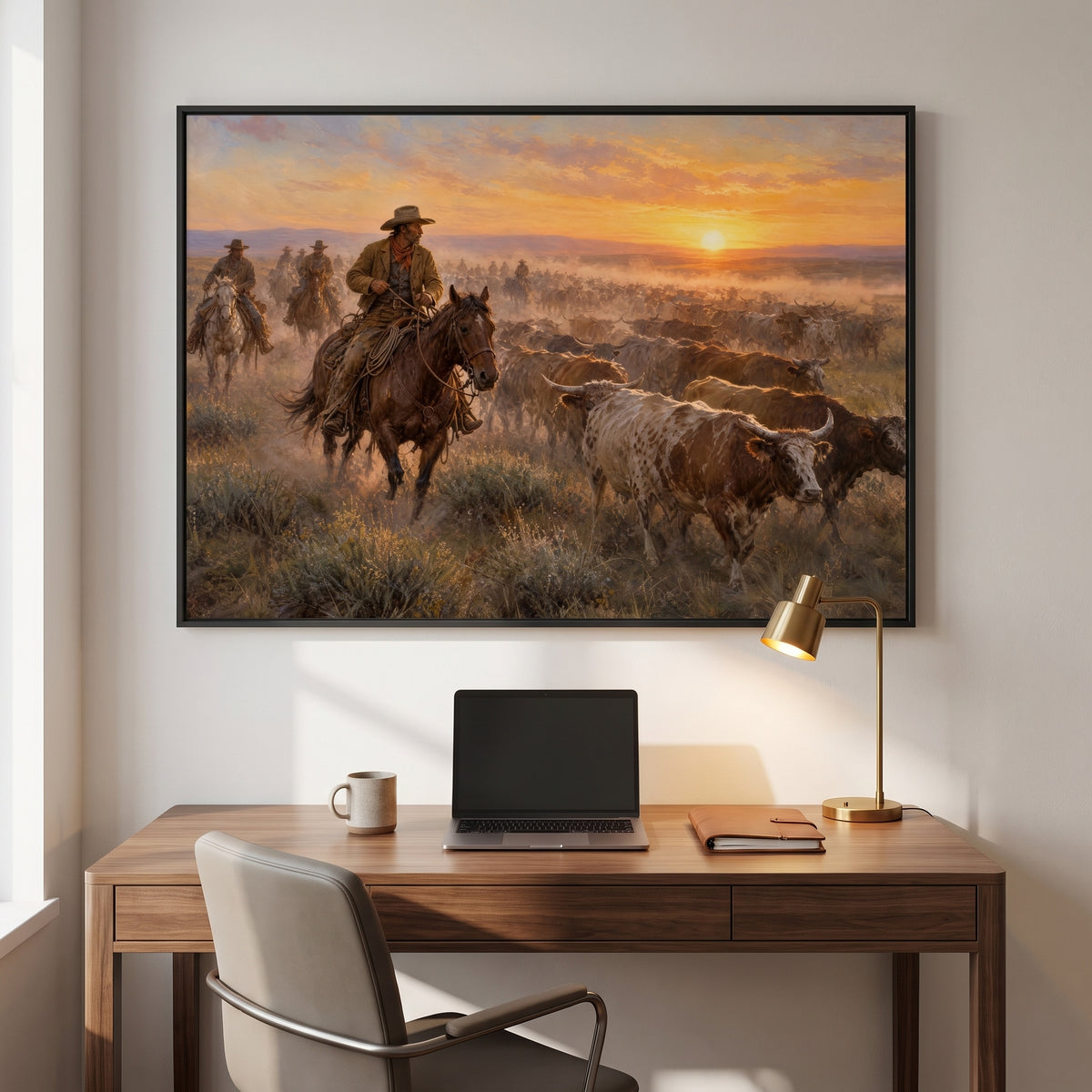 The Cattle Drive — Sunset framed print hanging in a home interior