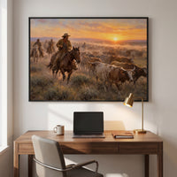 The Cattle Drive — Sunset framed print hanging in a home interior