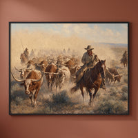 The Cattle Drive — Longhorns framed print on a plain wall