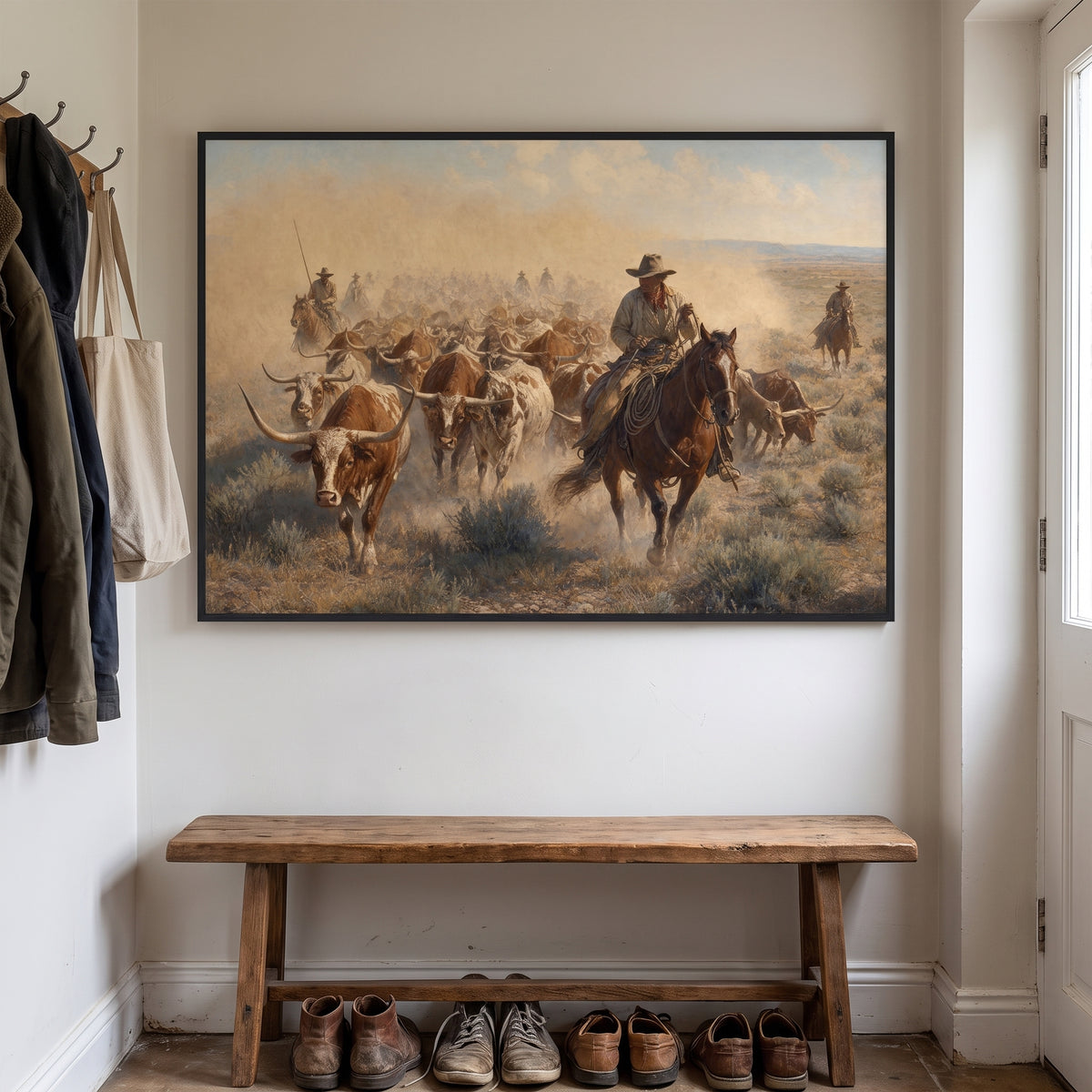 The Cattle Drive — Longhorns framed print hanging in a home interior