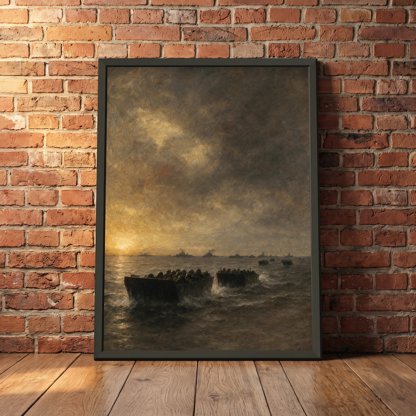 The Channel Before Dawn framed print leaning against a wall