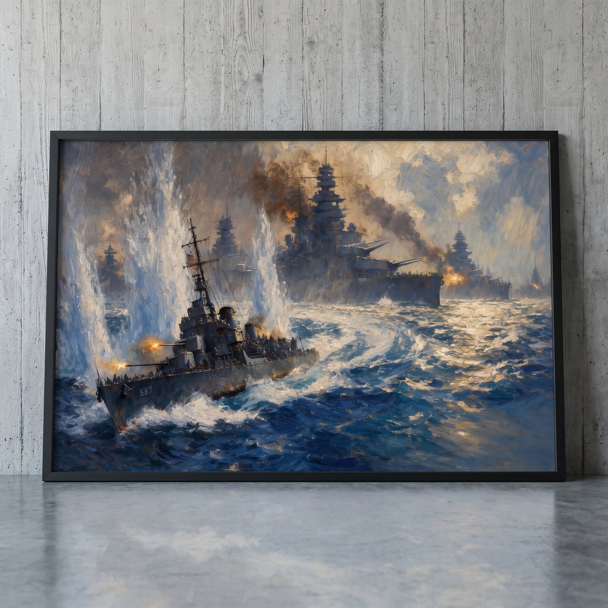 The Charge of the Johnston framed print leaning against a wall