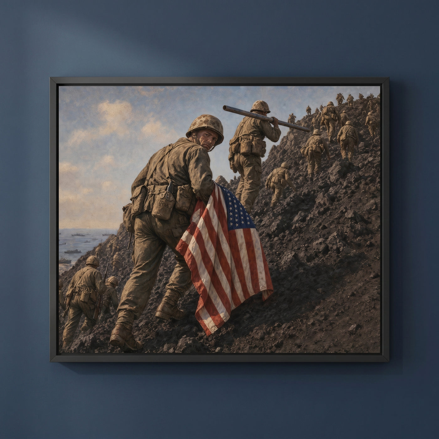 The Climb up Suribachi framed print on a plain wall