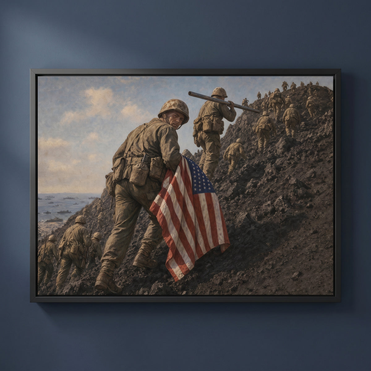 The Climb up Suribachi framed print on a plain wall