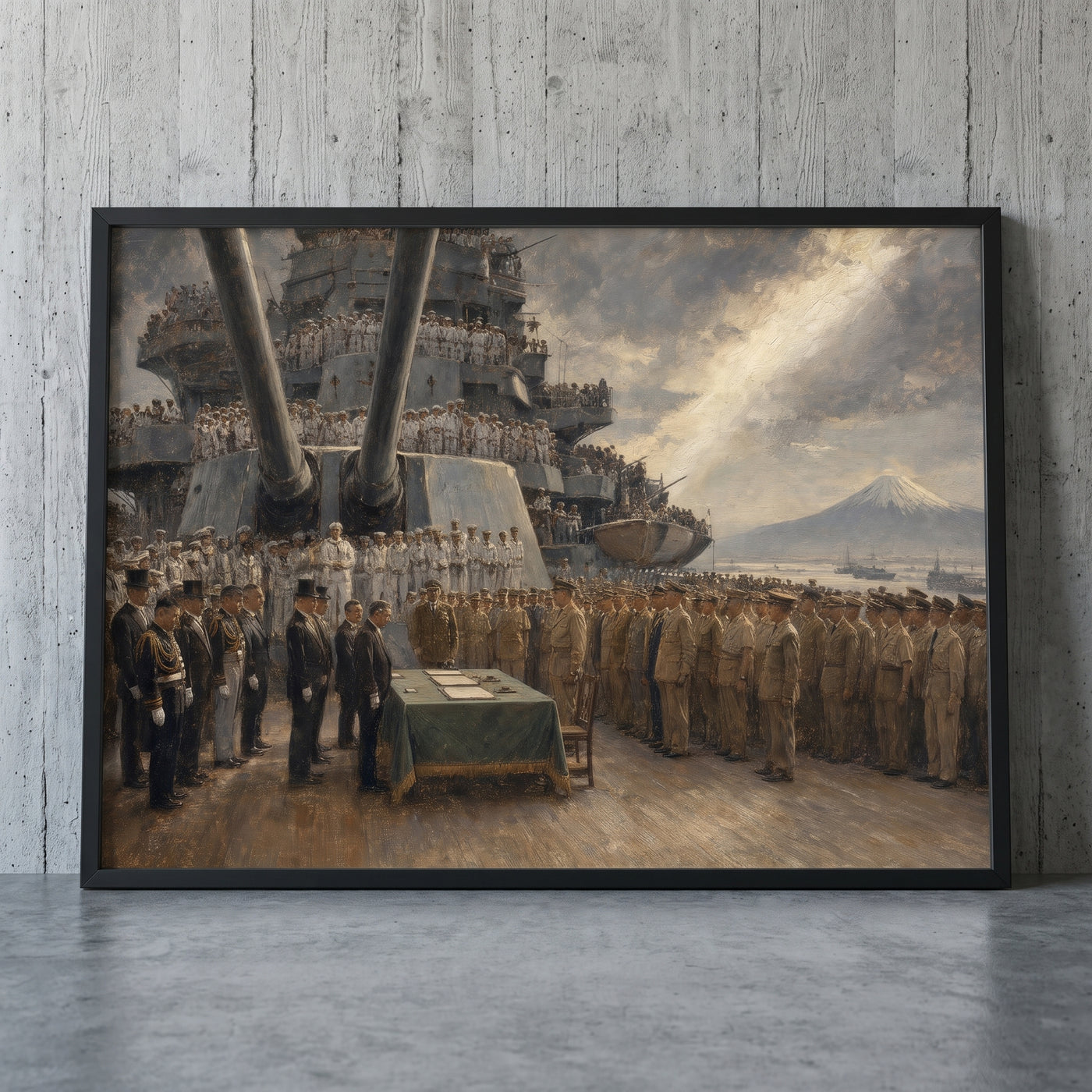 The Deck of the Missouri framed print leaning against a wall
