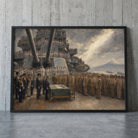 The Deck of the Missouri framed print leaning against a wall