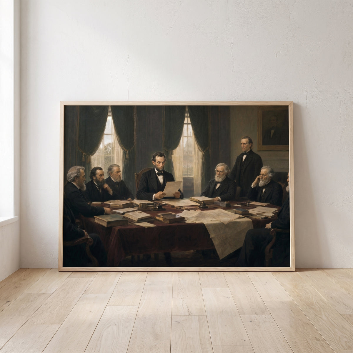 The Emancipation Proclamation framed print leaning against a wall