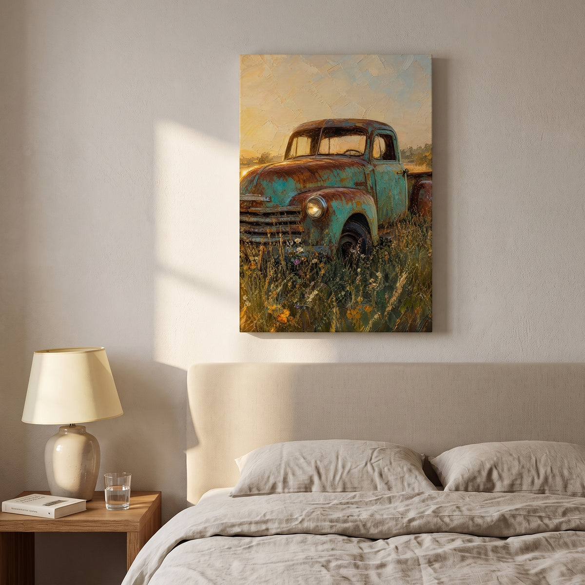 The Farm Truck canvas print hanging in a home interior