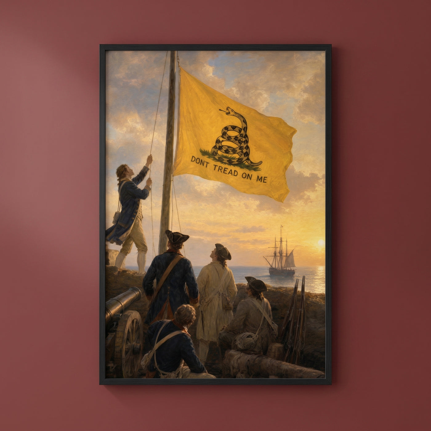 The Gadsden Flag at Sea framed print on a plain wall