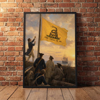 The Gadsden Flag at Sea framed print leaning against a wall