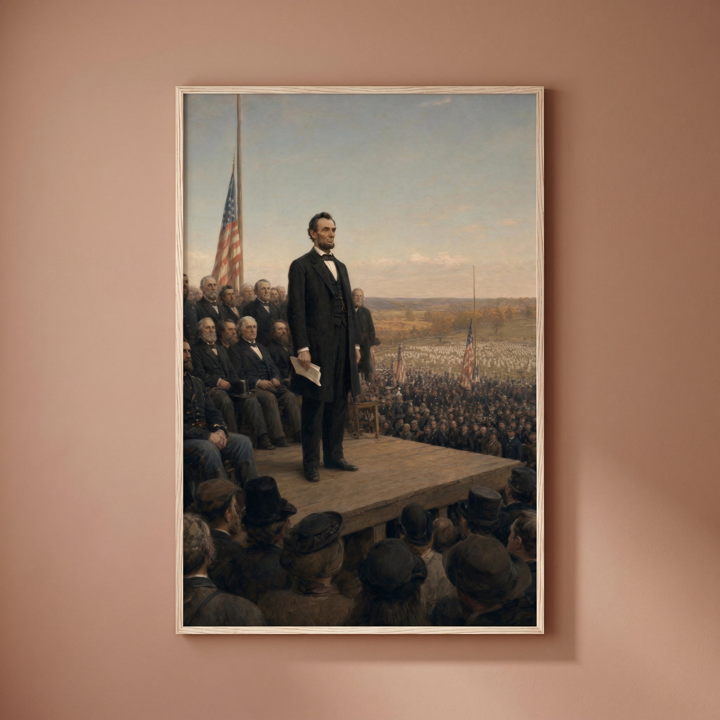 The Gettysburg Address framed print on a plain wall