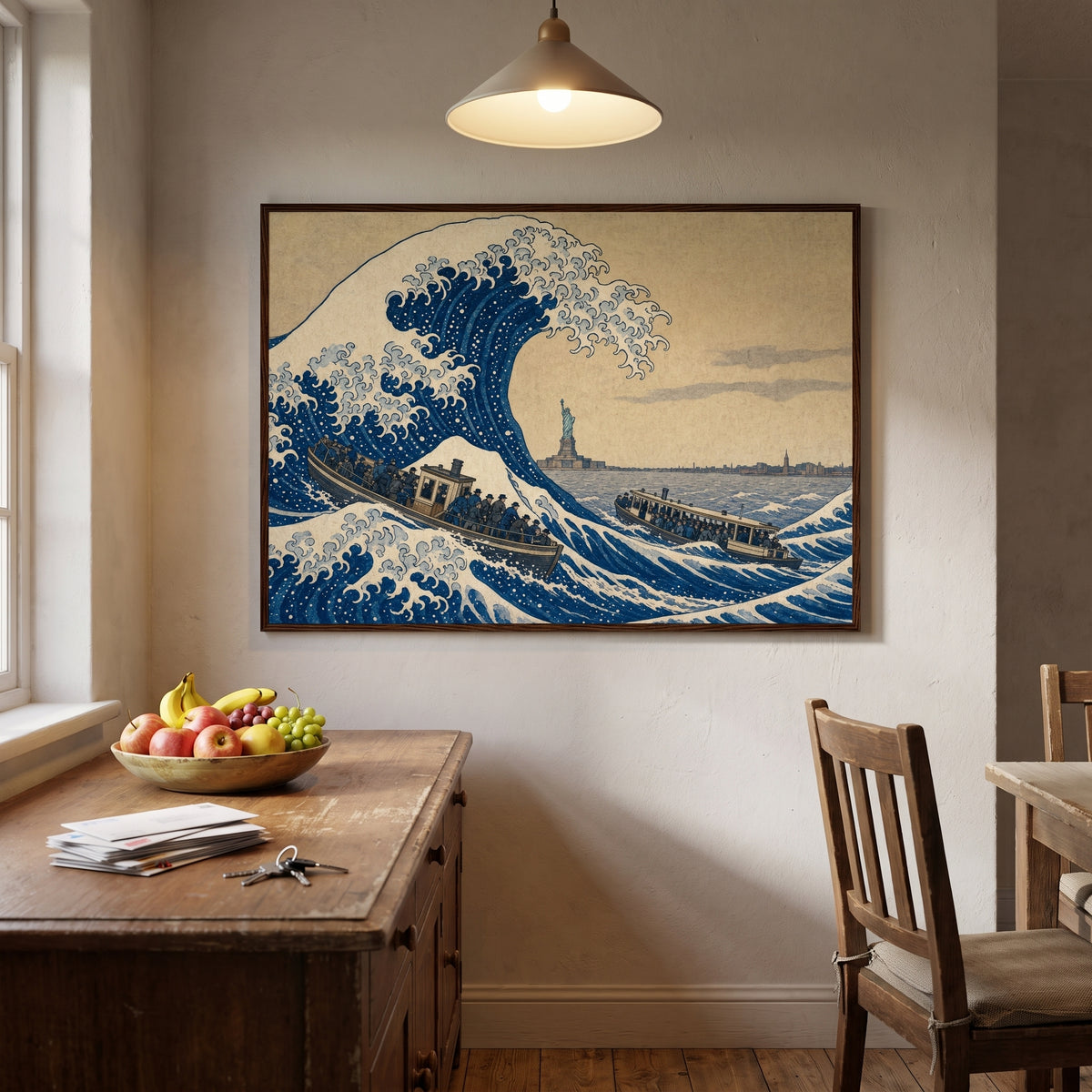 The Great Wave off Manhattan framed print hanging in a home interior