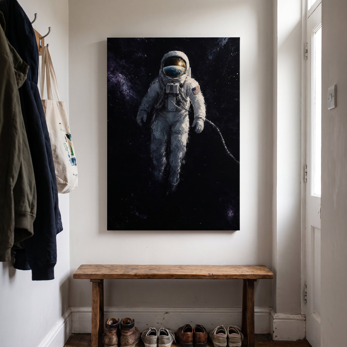 The Last Frontier canvas print hanging in a hallway above a wooden bench
