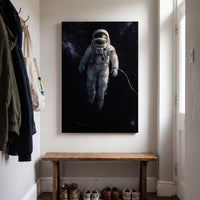 The Last Frontier canvas print hanging in a hallway above a wooden bench