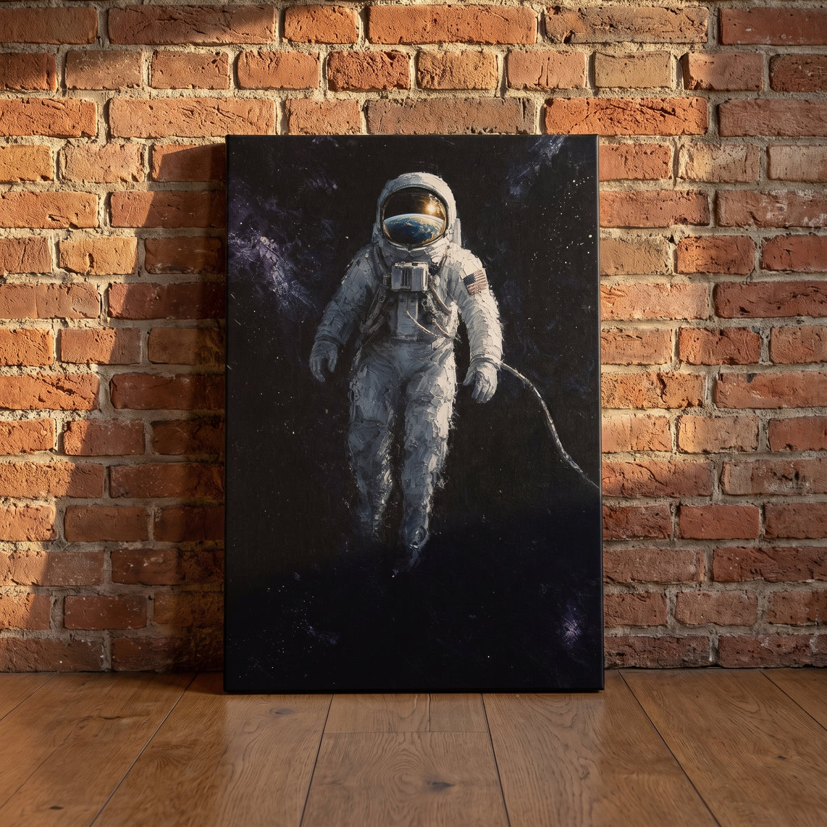 The Last Frontier canvas print leaning against an exposed brick wall