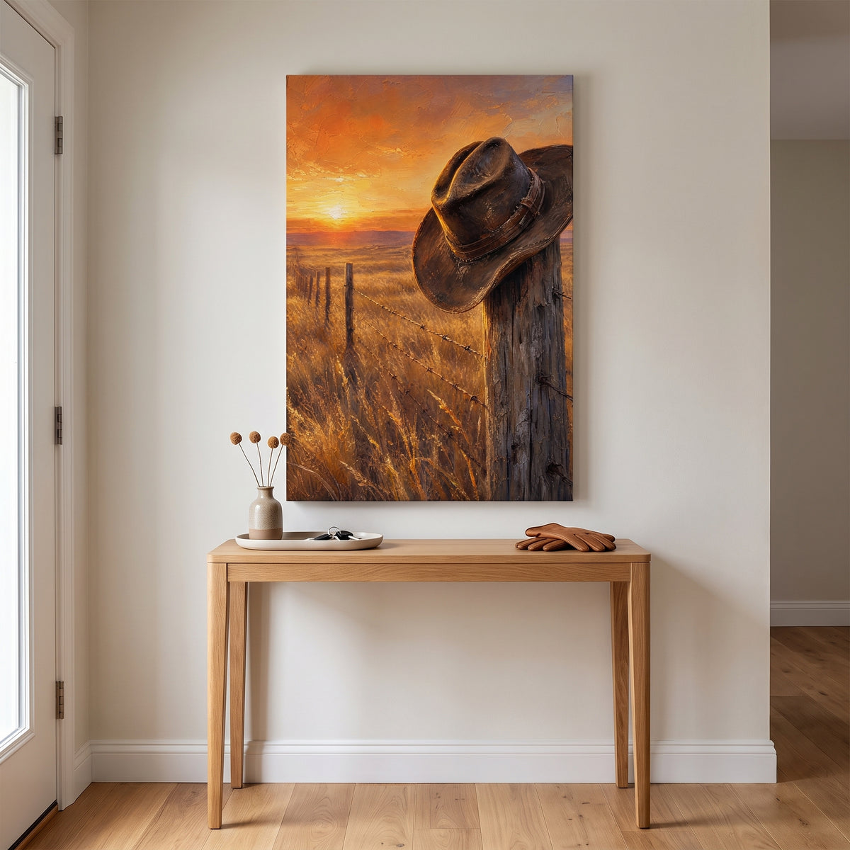 The Last Ride canvas print above an entryway console