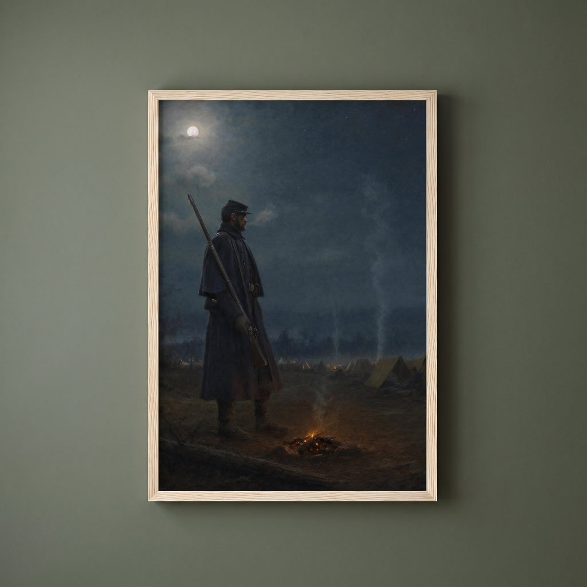 The Lone Picket at Night framed print on a plain wall