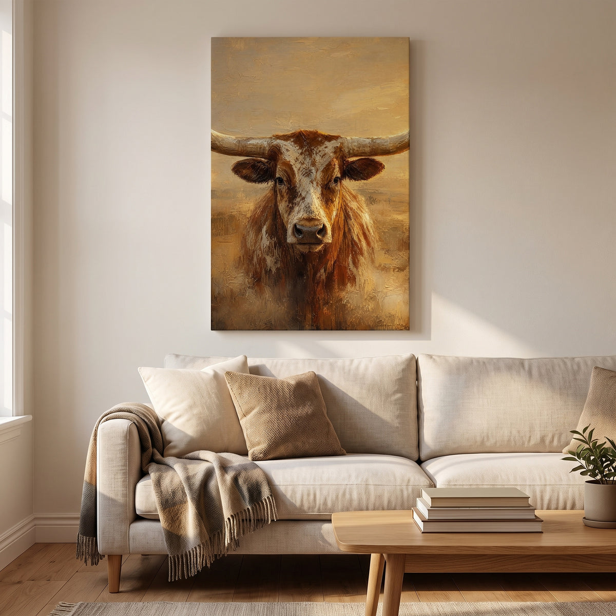 The Longhorn canvas print hanging in a home interior