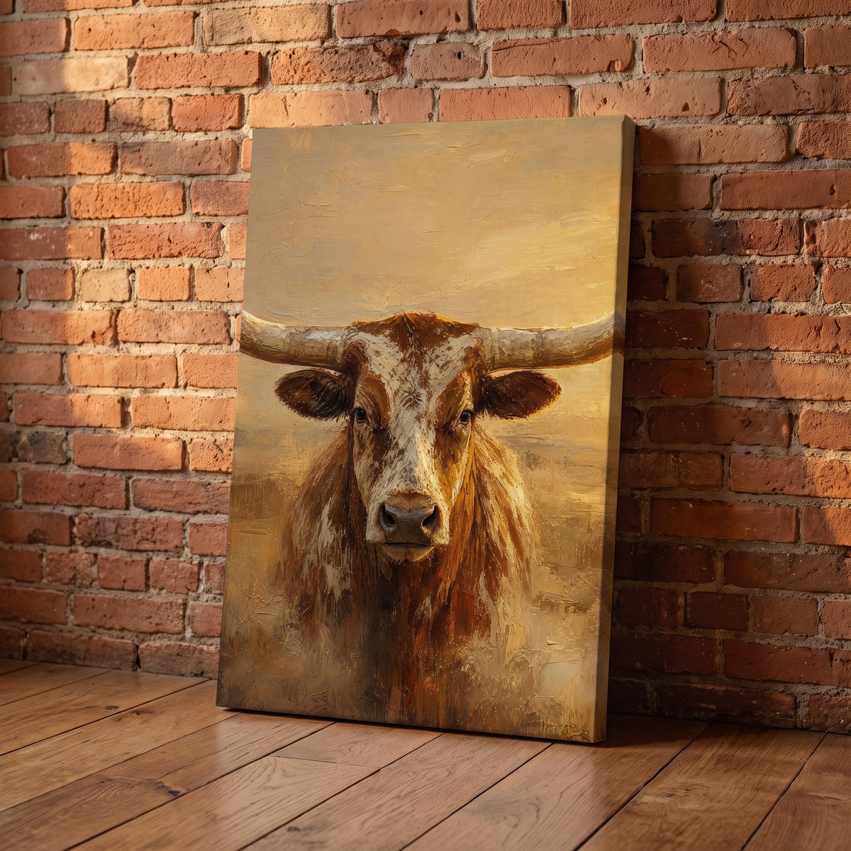 The Longhorn canvas print leaning against a wall