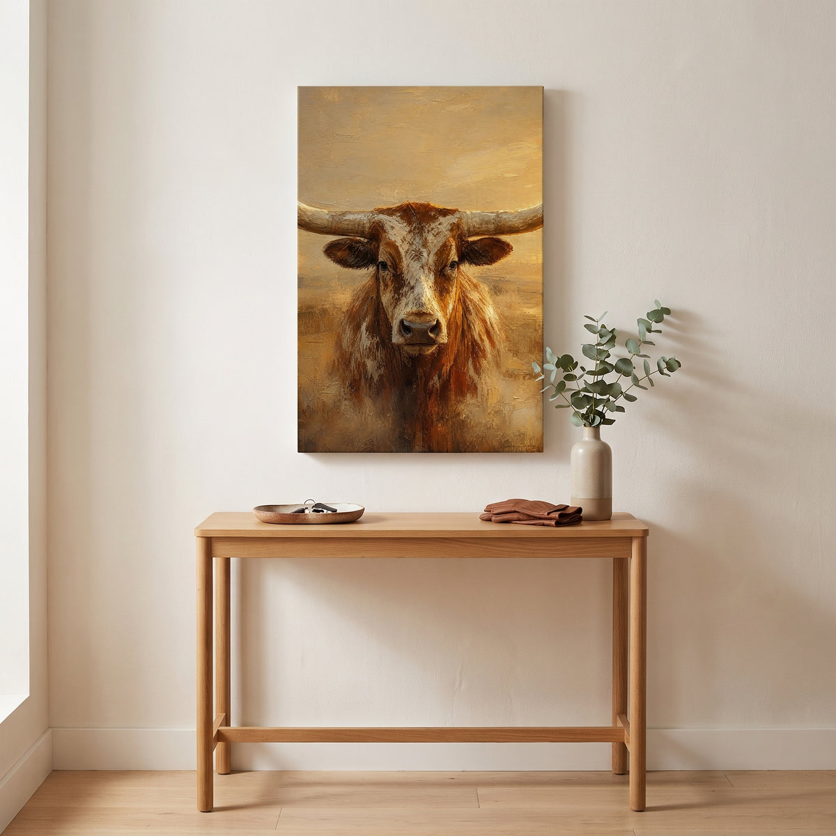 The Longhorn canvas print hanging in a home interior