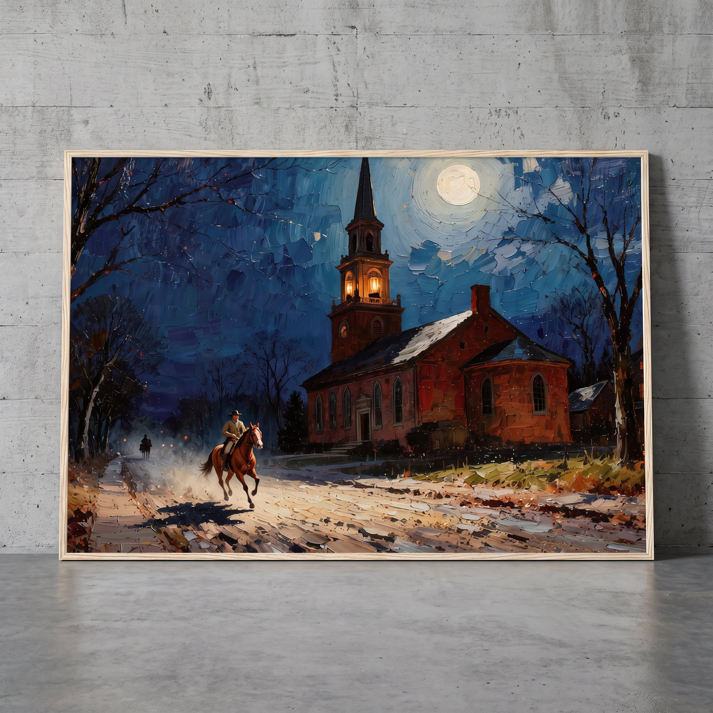 The Midnight Ride framed print leaning against a wall