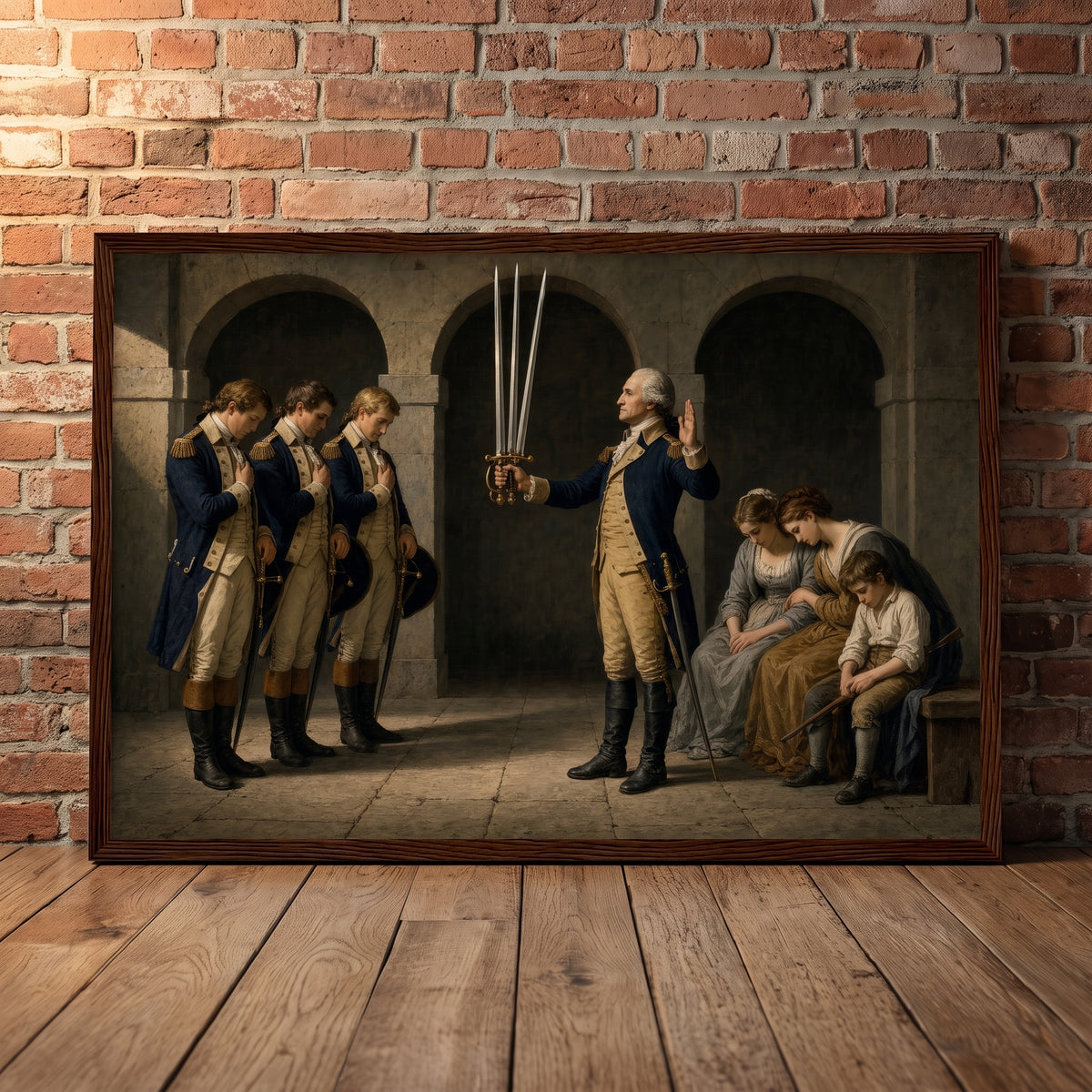 The Oath at Valley Forge framed print leaning against a wall