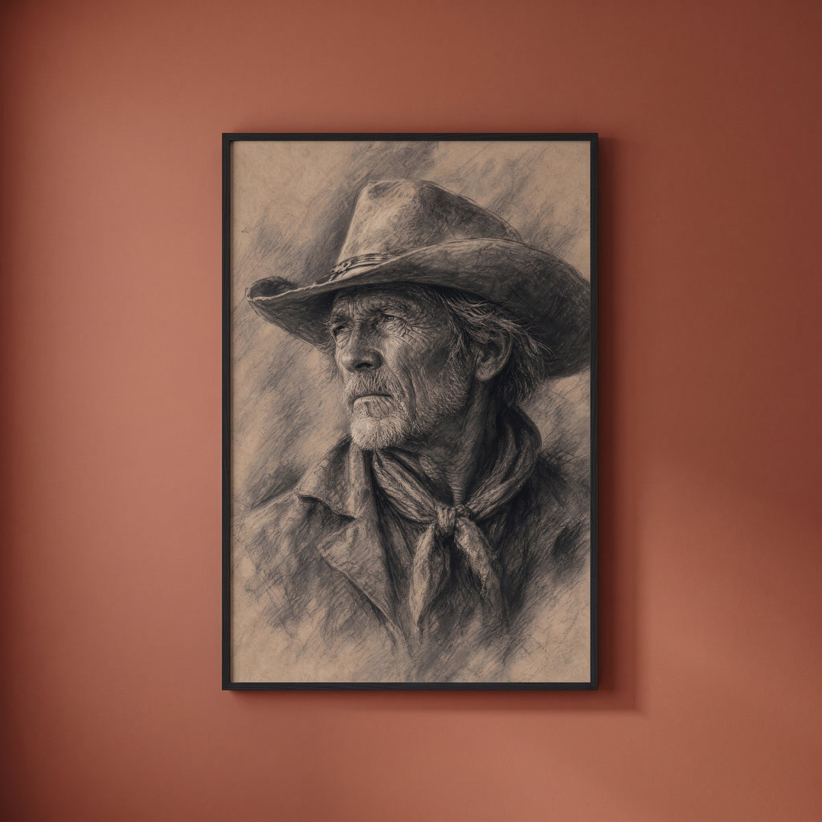 The Old Cowhand framed print on a plain wall