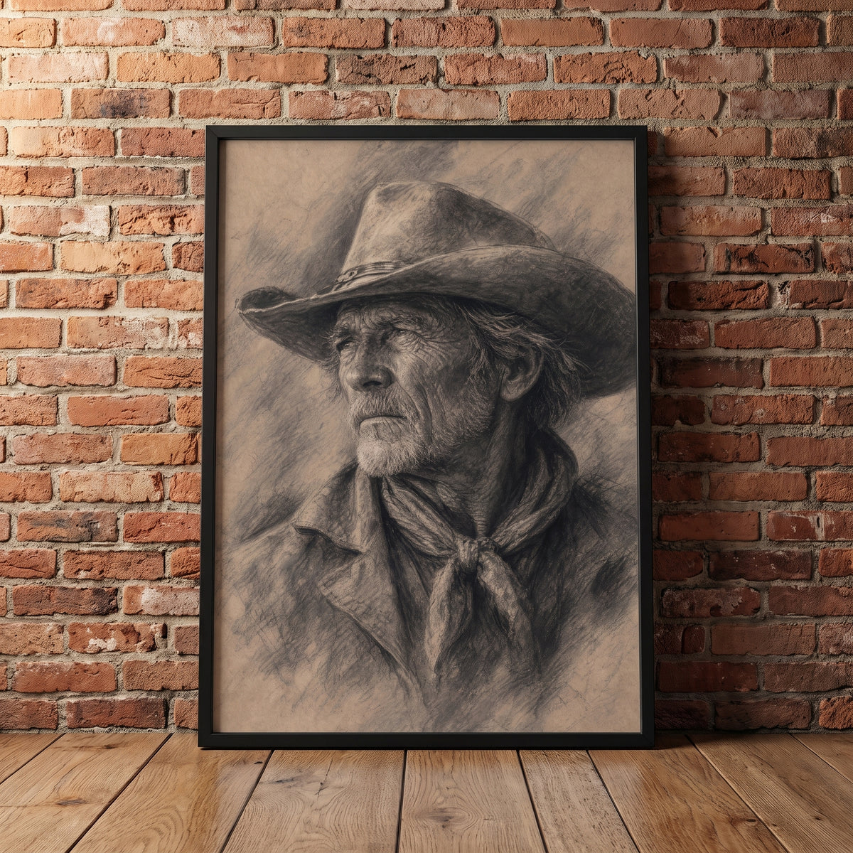 The Old Cowhand framed print leaning against a wall