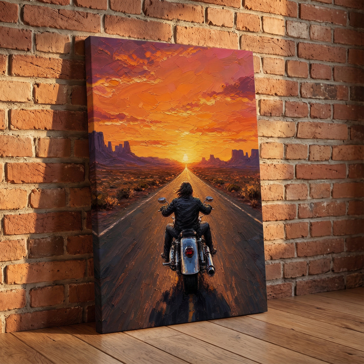 The Open Road canvas print leaning against a brick wall