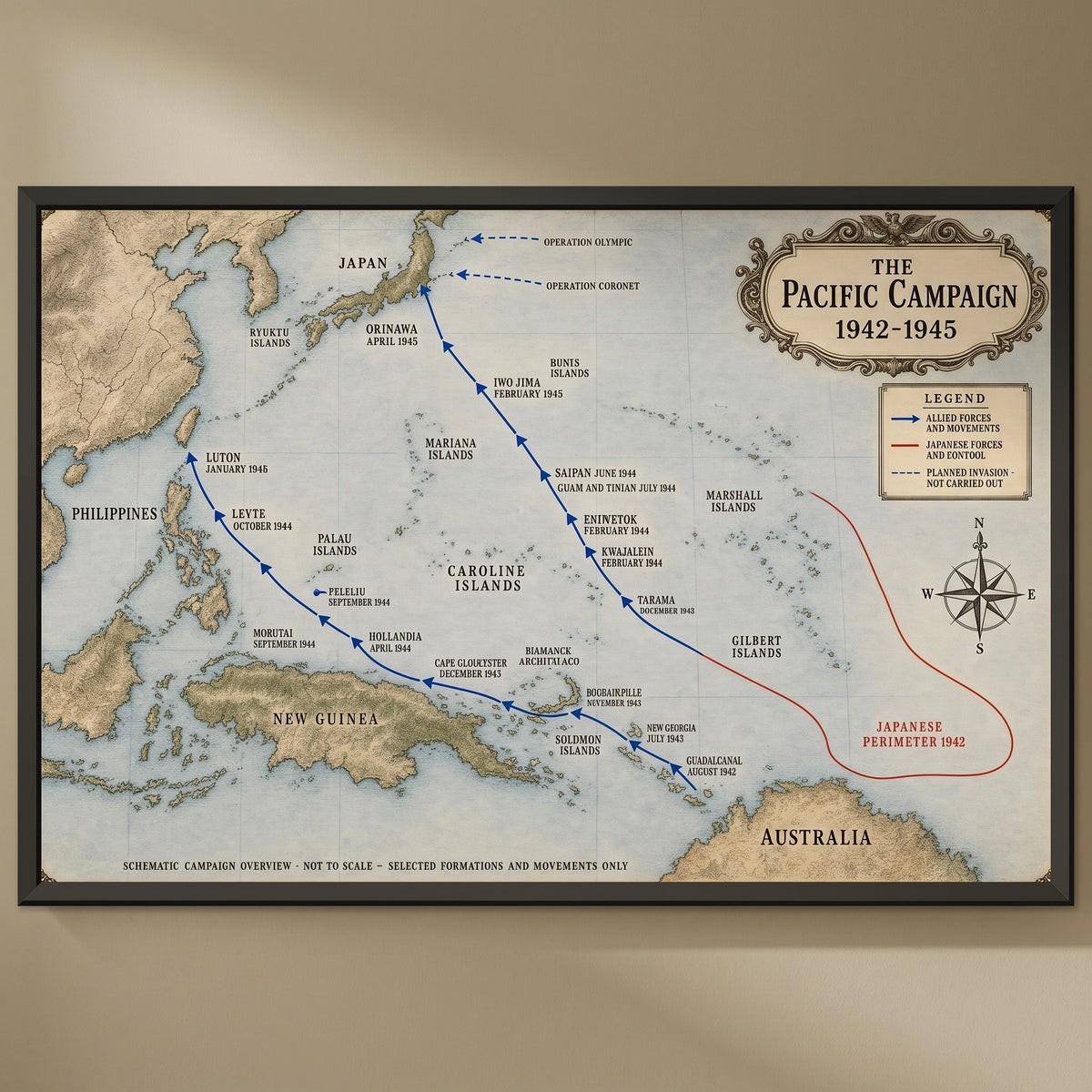 The Pacific Campaign — Map framed print on a plain wall