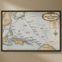 The Pacific Campaign — Map framed print on a plain wall